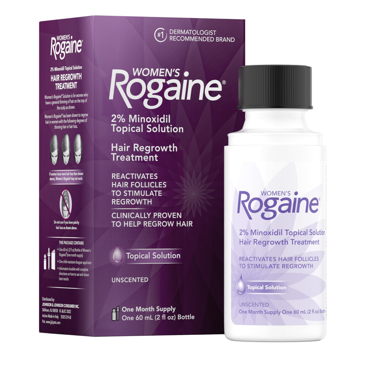 Rogaine bottle front view showing brand and 2% minoxidil benefit