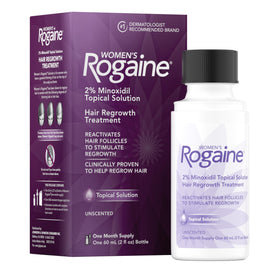 Rogaine bottle front view showing brand and 2% minoxidil benefit