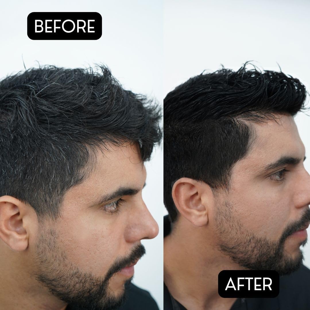 Applying Rolda pomade to hair showing instant control and manageable styling benefit