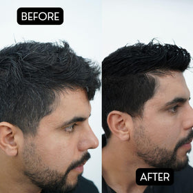 Applying Rolda pomade to hair showing instant control and manageable styling benefit