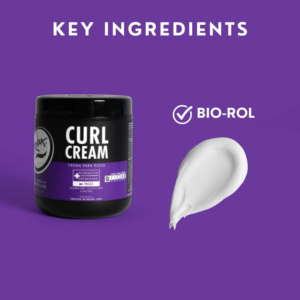 Rolda applied to damp curly hair demonstrating defined, frizz-reduced curls