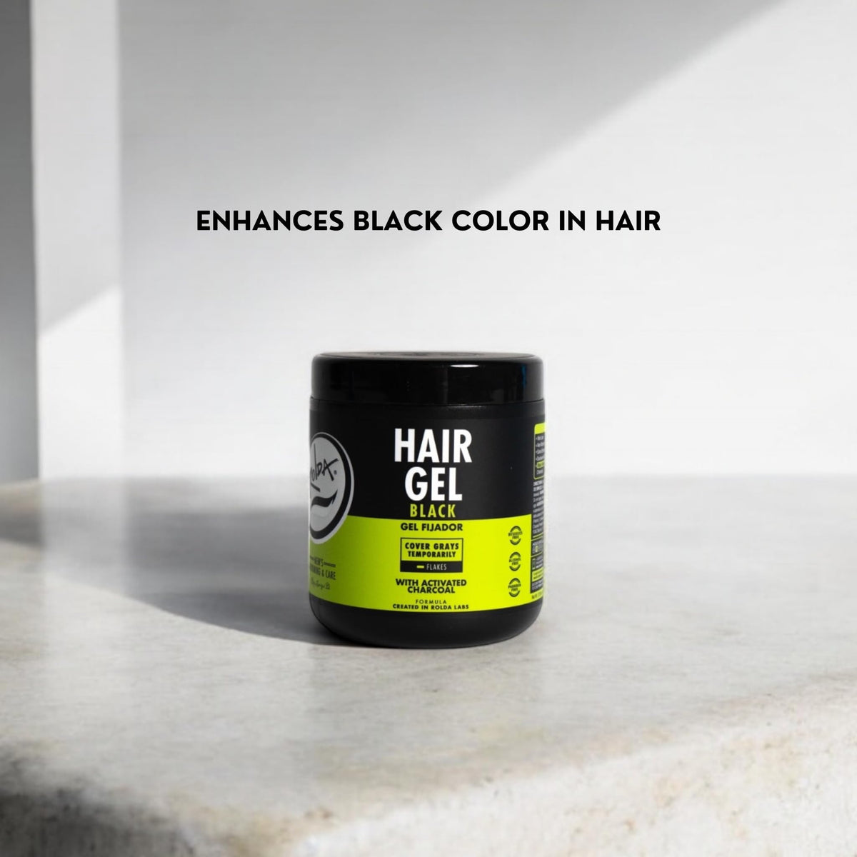 Rolda jar open showing black gel texture and activated charcoal for smooth application
