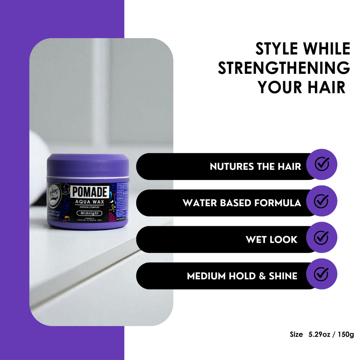 Rolda styled hair wet-look demonstrating polished shine and control