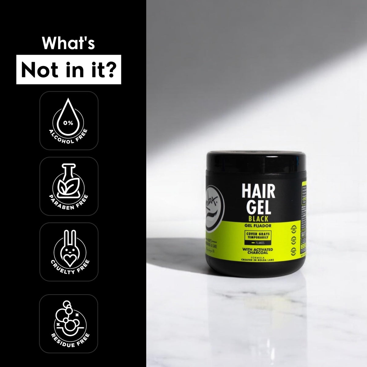 Rolda model with slicked-back hair showcasing wet look and natural shine