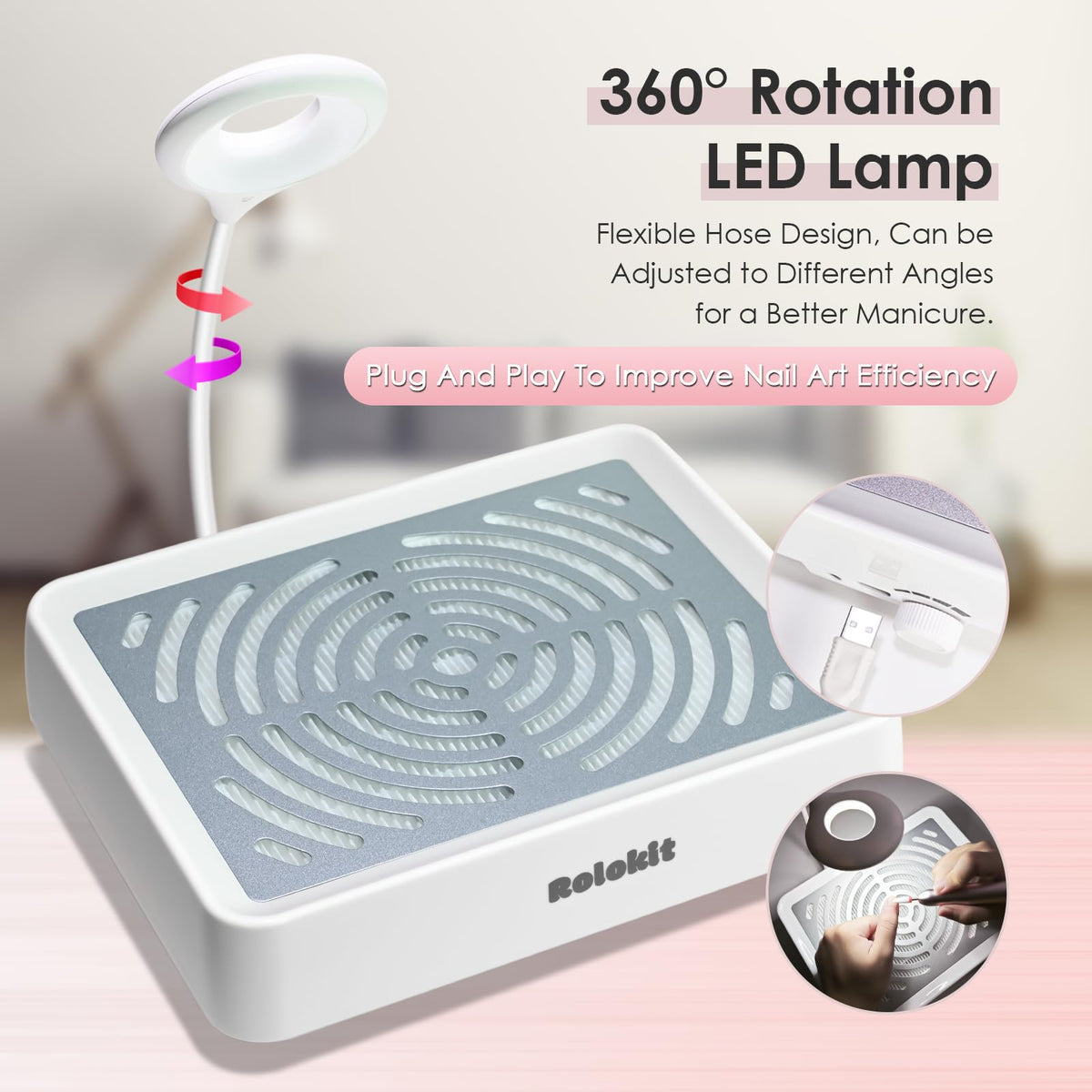 Rolokit LED lamp angled to illuminate nails for precise detailing