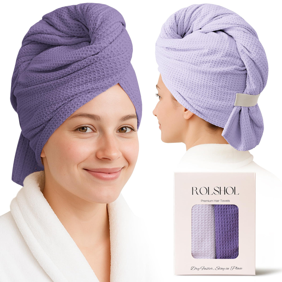 ROLSHOL front view of two-color towel pack showing deep and light purple benefits