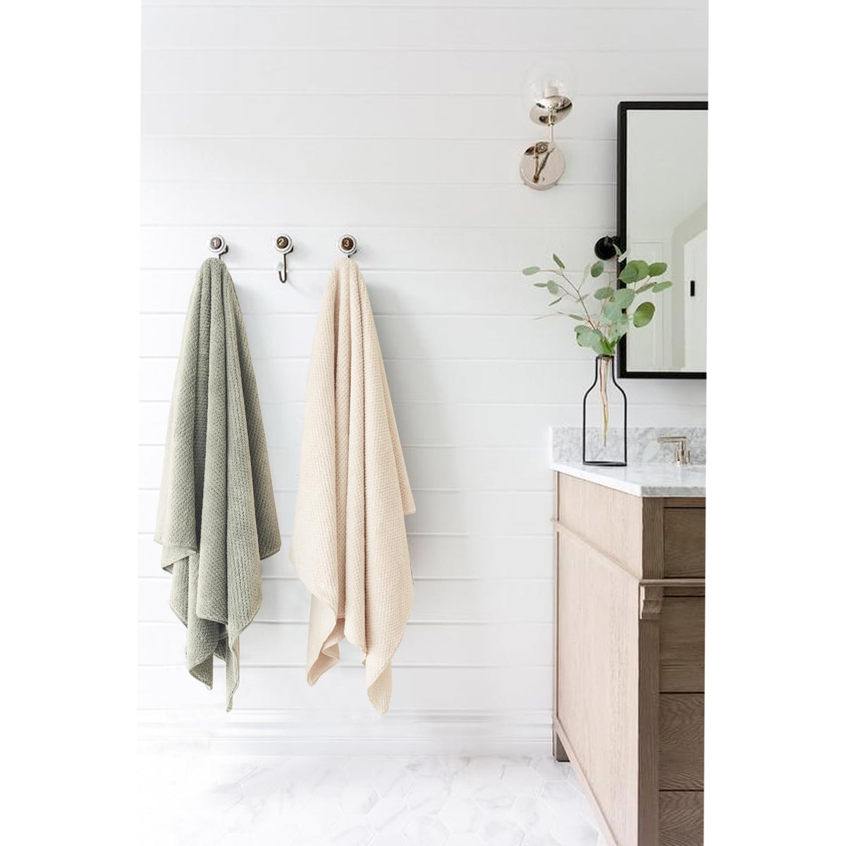 ROLSHOL towel on bathroom vanity in lifestyle scene showing travel convenience