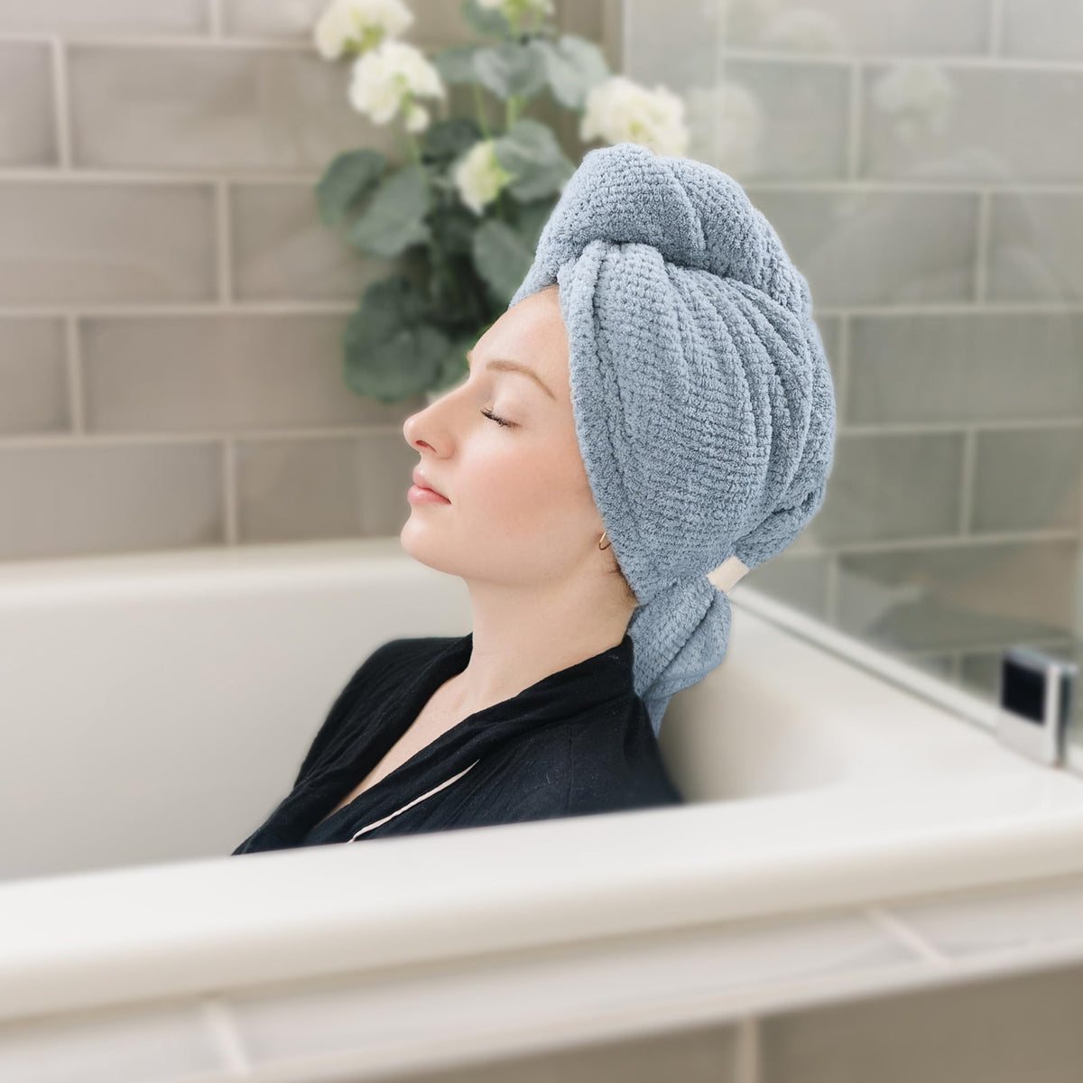 ROLSHOL towel draped on torso illustrating generous size coverage and protection