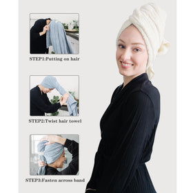 ROLSHOL towel wrapped on long hair demonstrates secure hands-free drying
