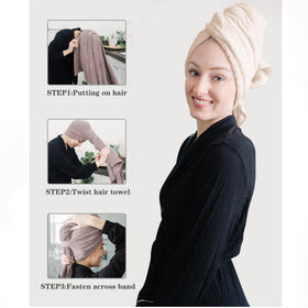 ROLSHOL towel in use as woman wraps wet hair demonstrating hands-free drying benefit