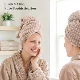 ROLSHOL woman wrapping long hair in towel showing secure hold and quick drying