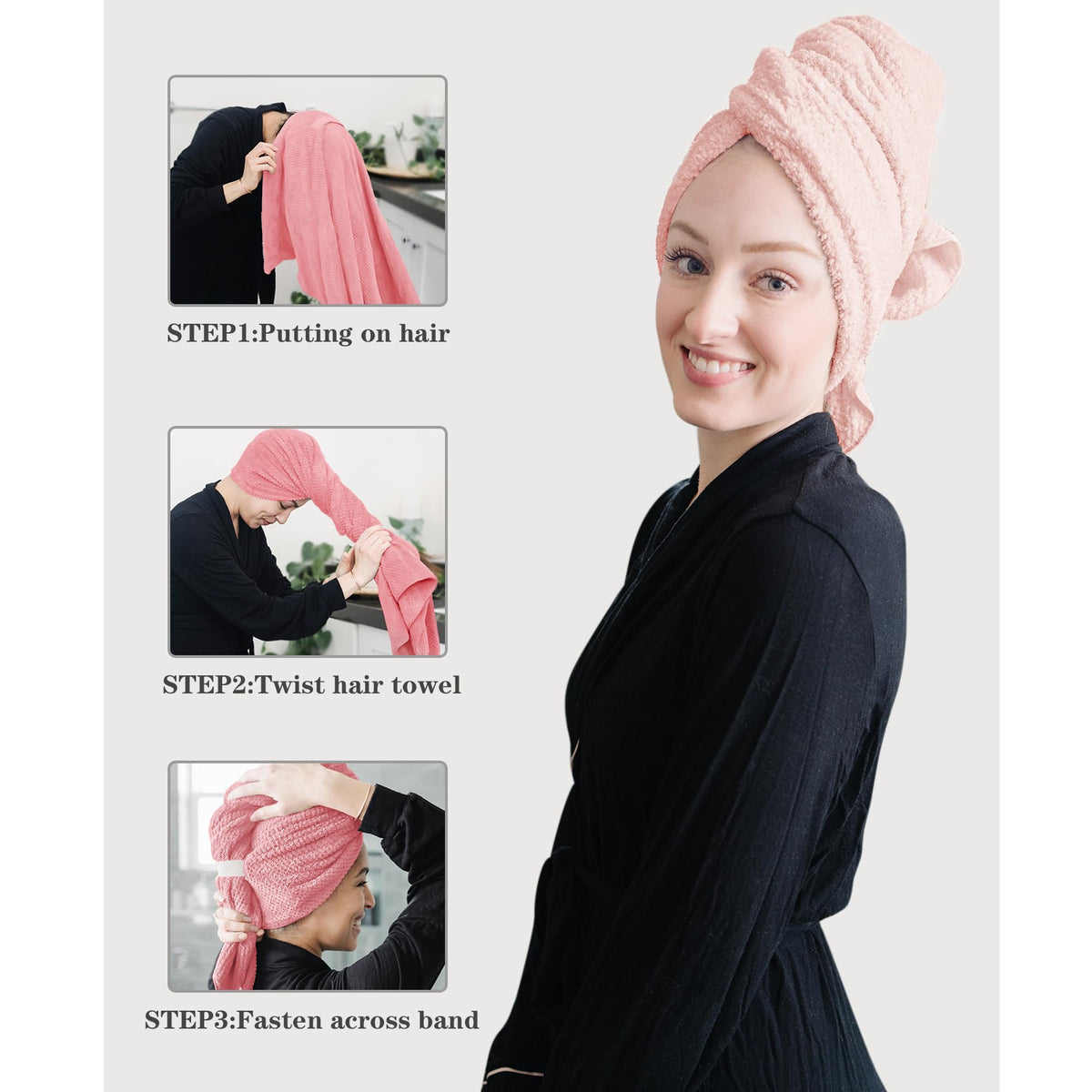 ROLSHOL towel worn by woman after shower demonstrating secure fit and hands-free drying
