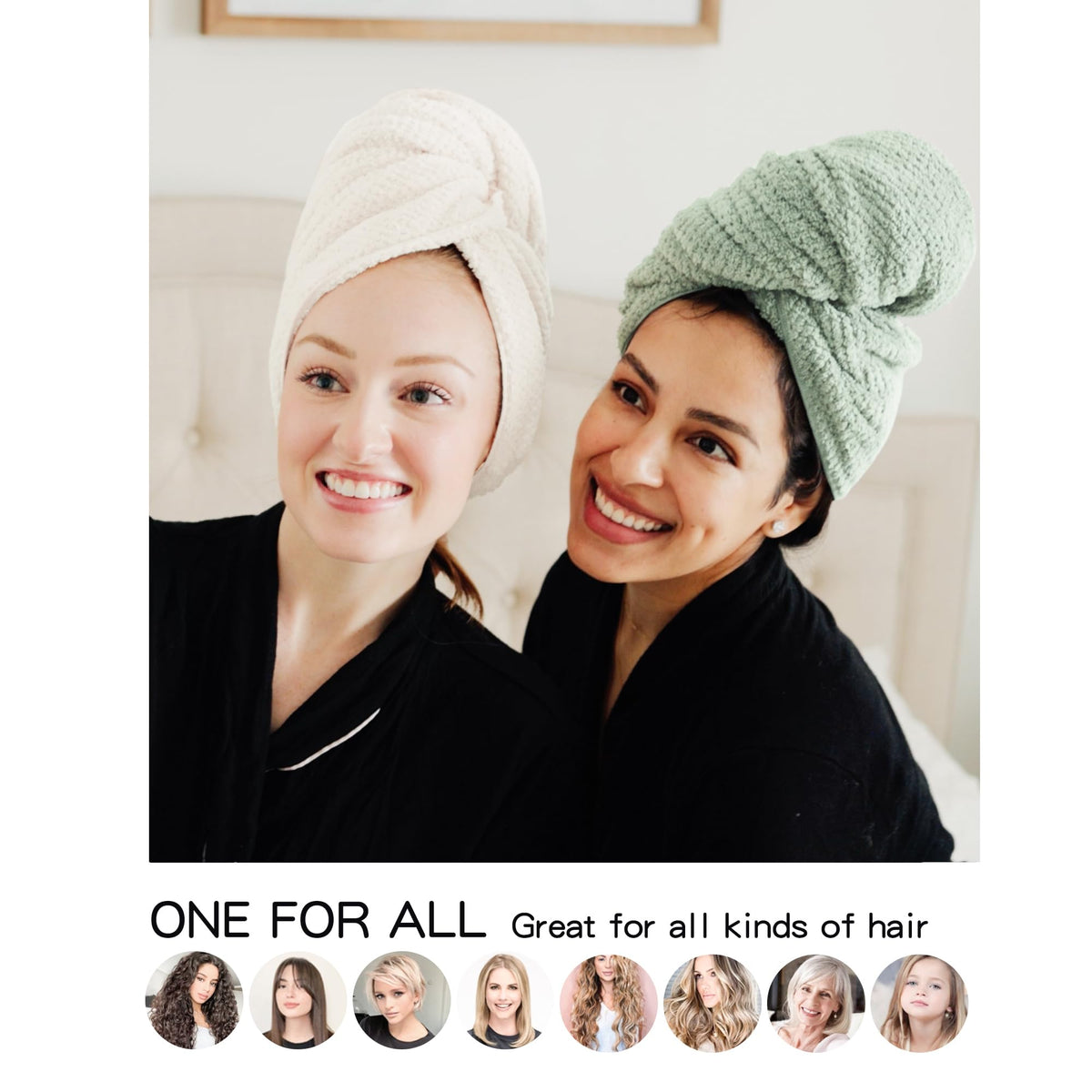 ROLSHOL towel wrapped on long hair in bathroom, allowing hands-free drying benefit