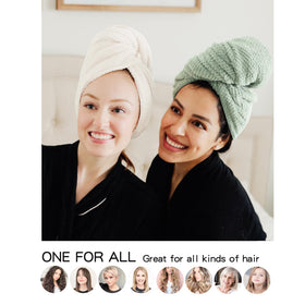 ROLSHOL towel wrapped on long hair in bathroom, allowing hands-free drying benefit