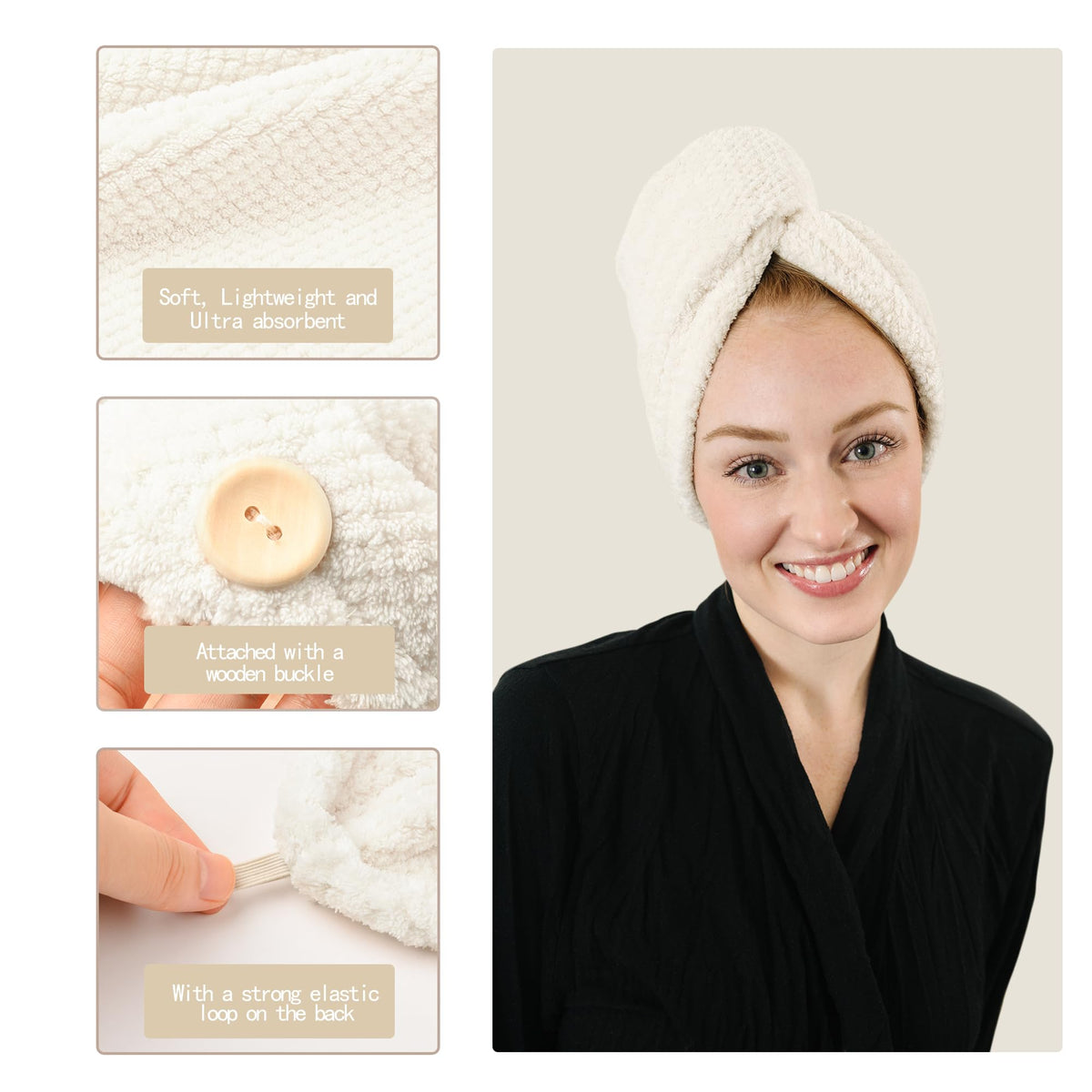 rolshol model wearing wrap on long curly hair showing frizz reduction benefit