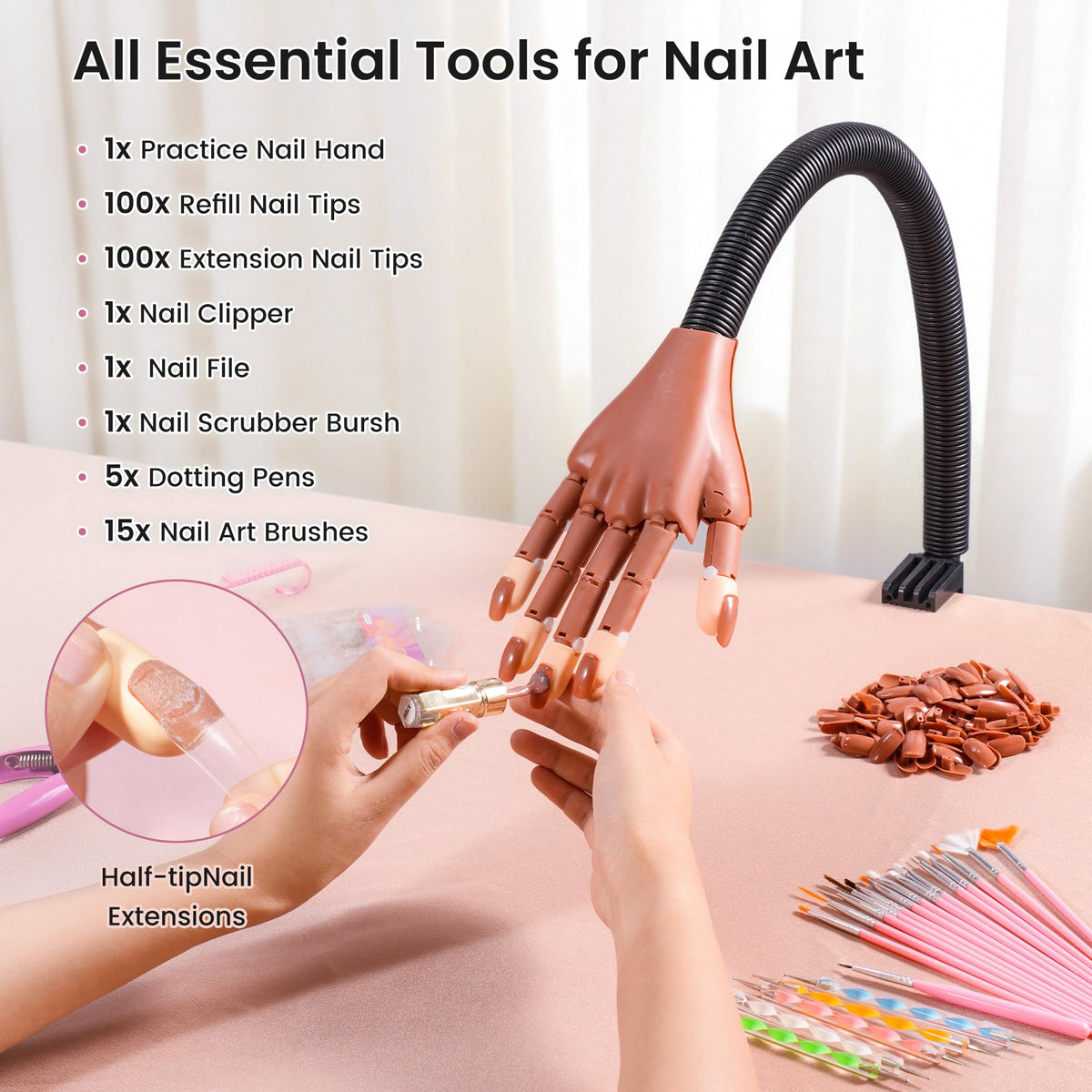 Rolybag layout of 200 nail tips and included tools for full manicure sessions