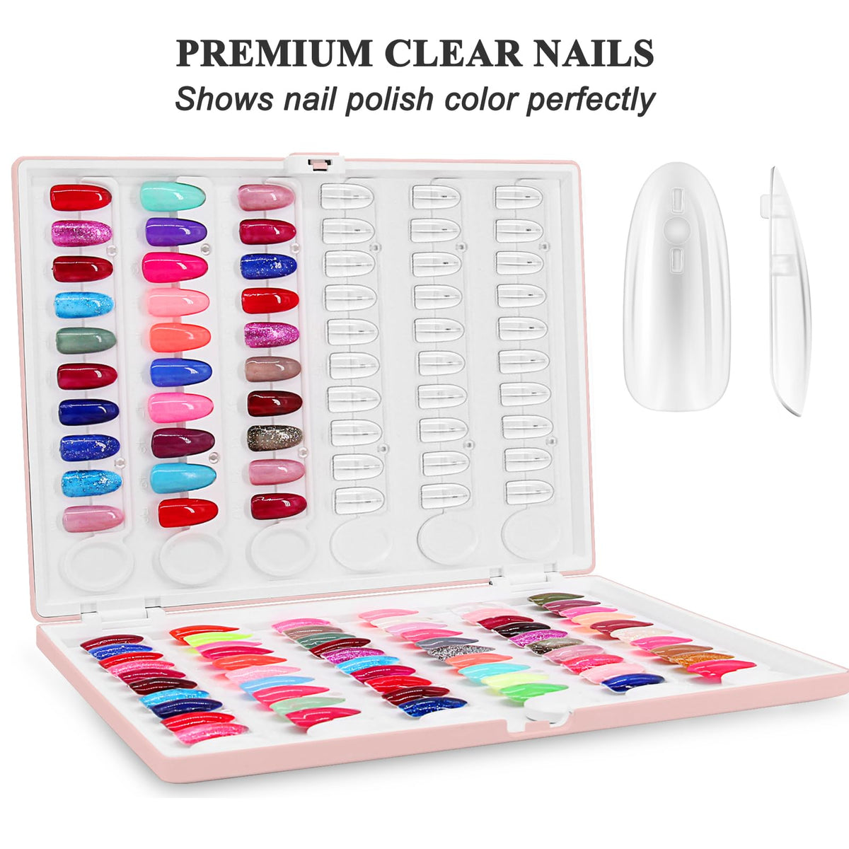 ROMALOVE open pages showing 120 transparent nail tips for easy comparison