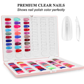 ROMALOVE open pages showing 120 transparent nail tips for easy comparison