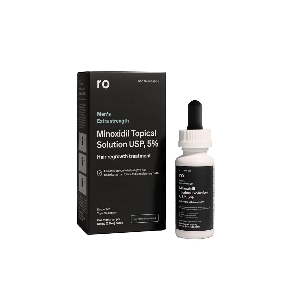 Ro ROMAN front packaging of minoxidil 5% unscented liquid showing bottle and box, clear identification and dosage benefit
