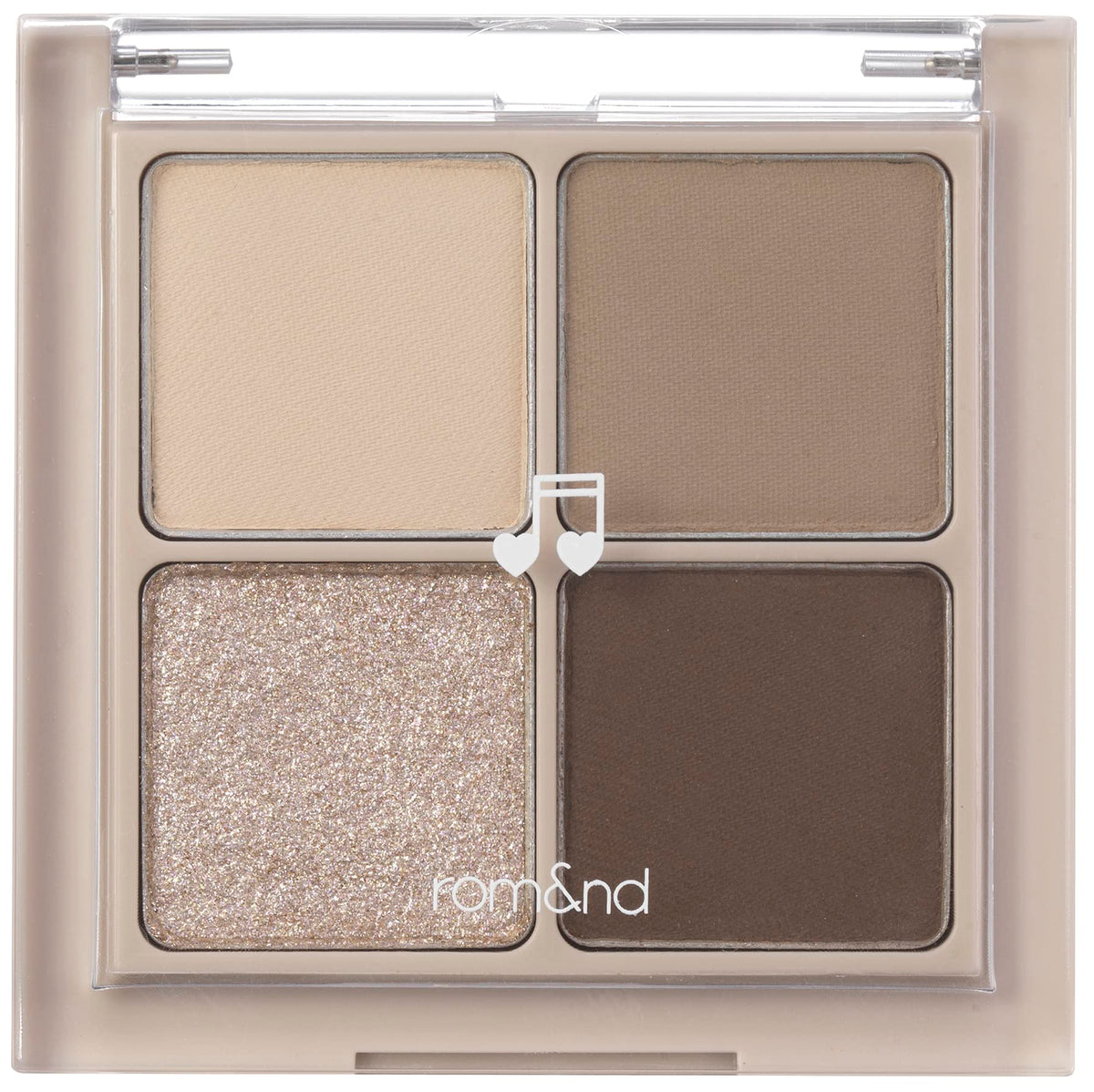 rom&nd front palette view showing six shades and compact travel size benefit