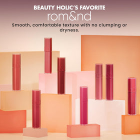 rom&nd on model in natural light showing versatile mauvish color and flattering effect benefit