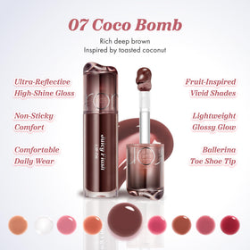rom&nd Coco Bomb texture swipe showing glossy finish and hydration benefit