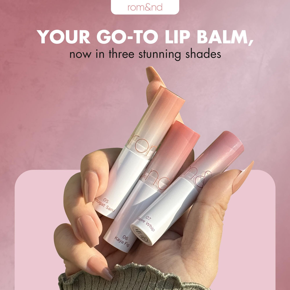 rom&nd mauve whip lip swatch demonstrating dewy crystal shine and smooth coverage