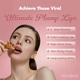 rom&nd Glasting Color Gloss wand applying gloss on lips showing high-shine coverage benefit: luminous dimension