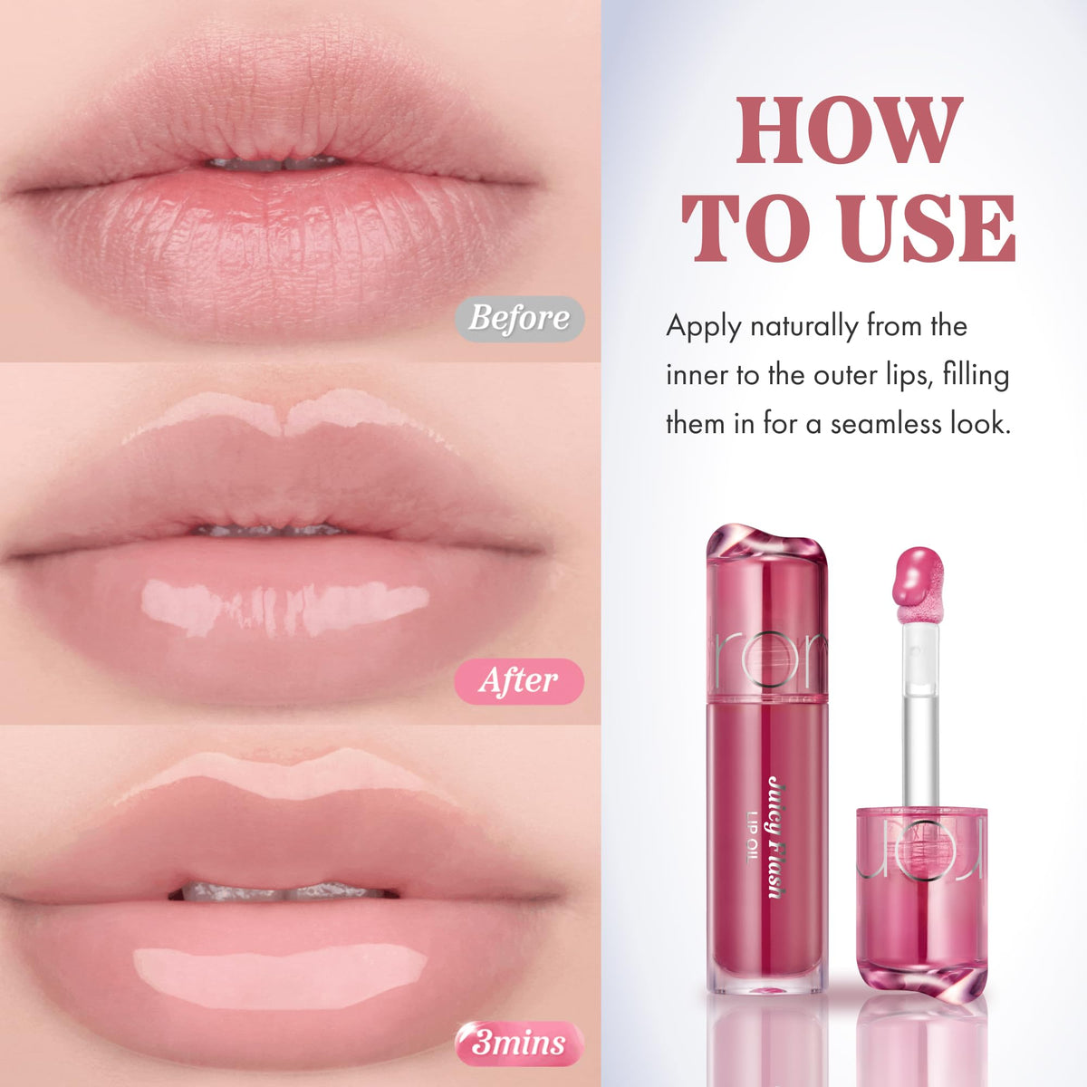 rom&nd lip oil worn by model creating dewy, plump-lip effect