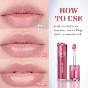 rom&nd lip oil worn by model creating dewy, plump-lip effect