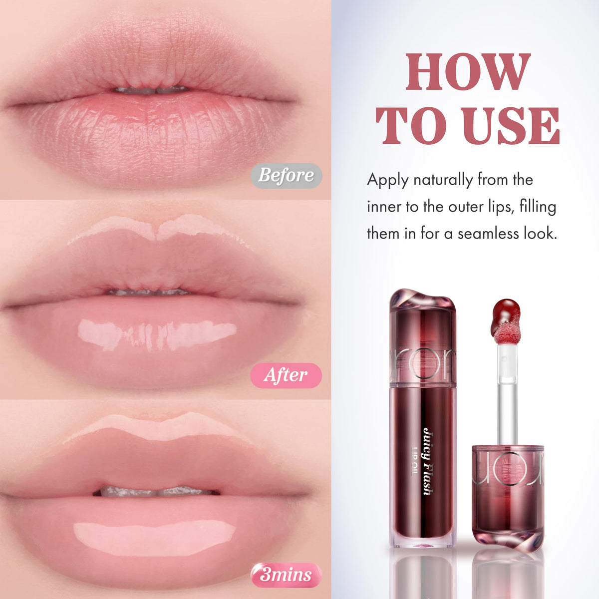 rom&nd lip before and after demonstrating plumper, hydrated-looking lips