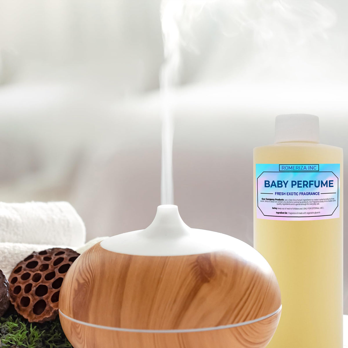 ROMERIZA INC 4oz beside common items showing compact travel-friendly benefit