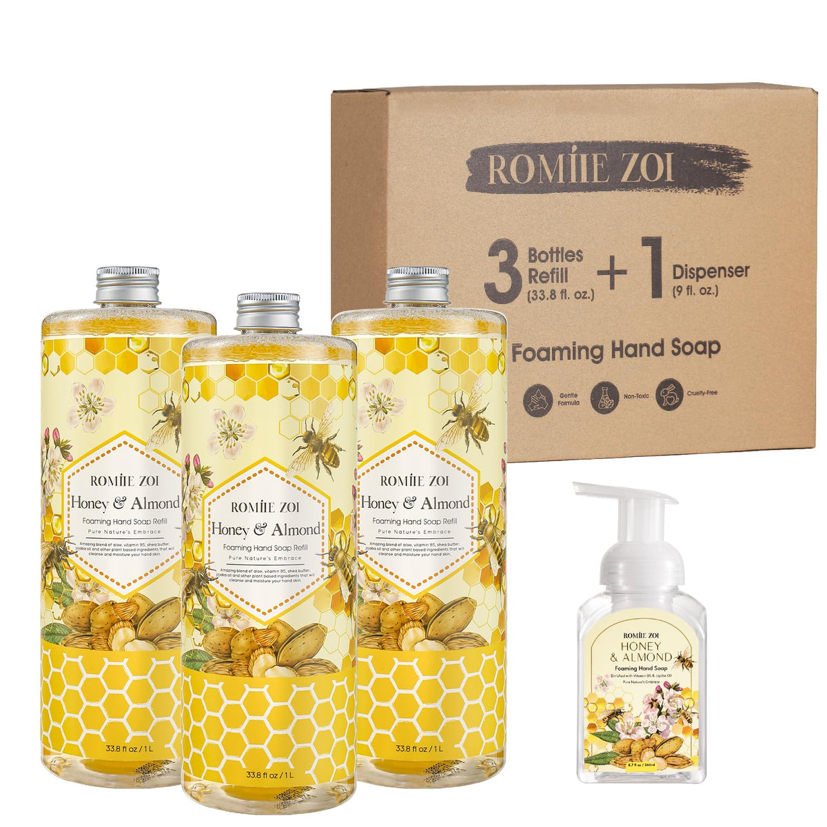 ROMIIE ZOI bathroom refill station with bottles and pump for shared household convenience
