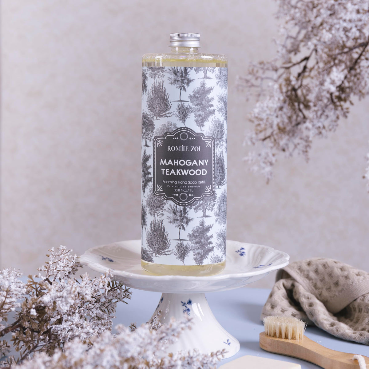 ROMIIE ZOI bottle on bathroom vanity suggesting a soothing, decorative benefit