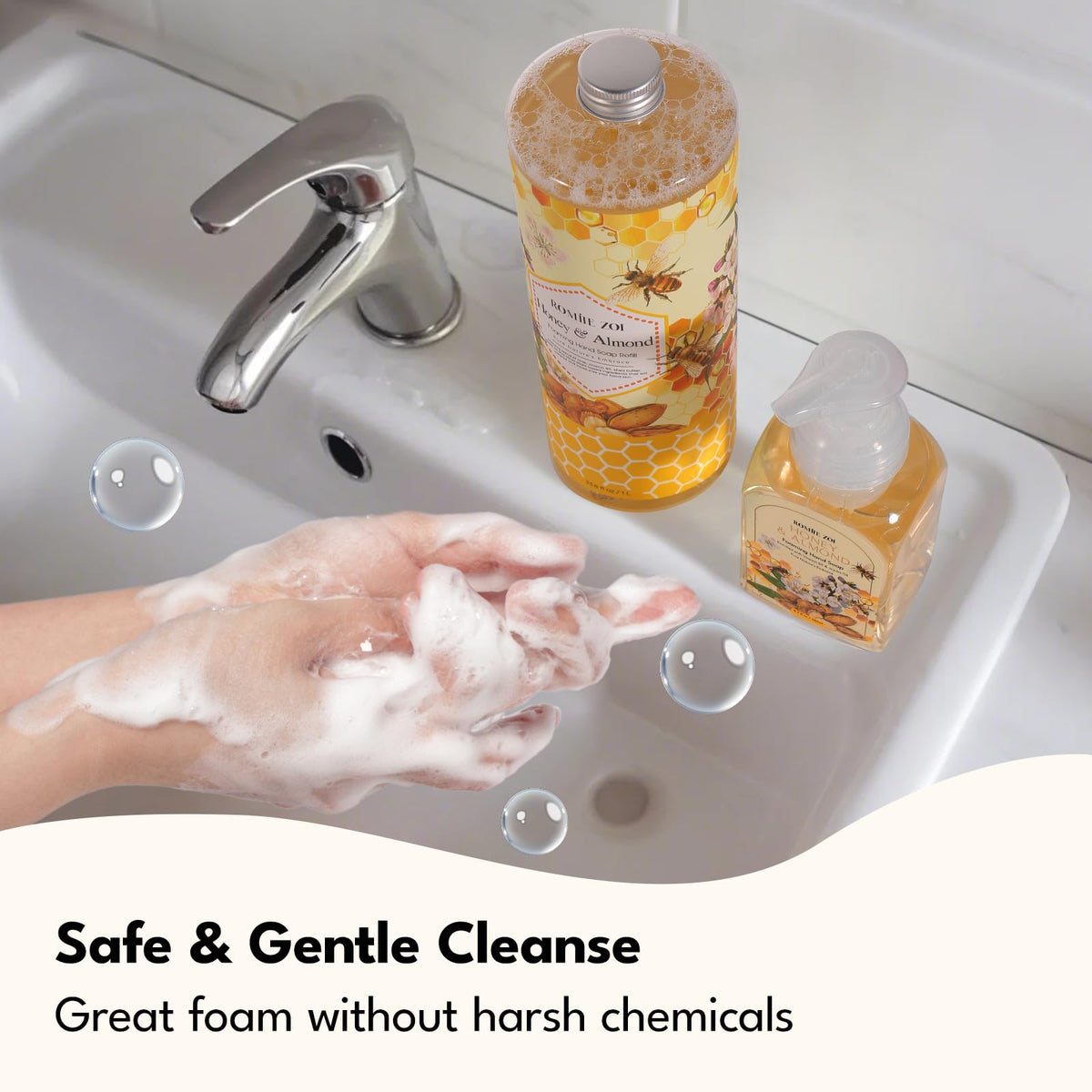 ROMIIE ZOI bottle size scale next to sink illustrating 1 L capacity and long-lasting supply