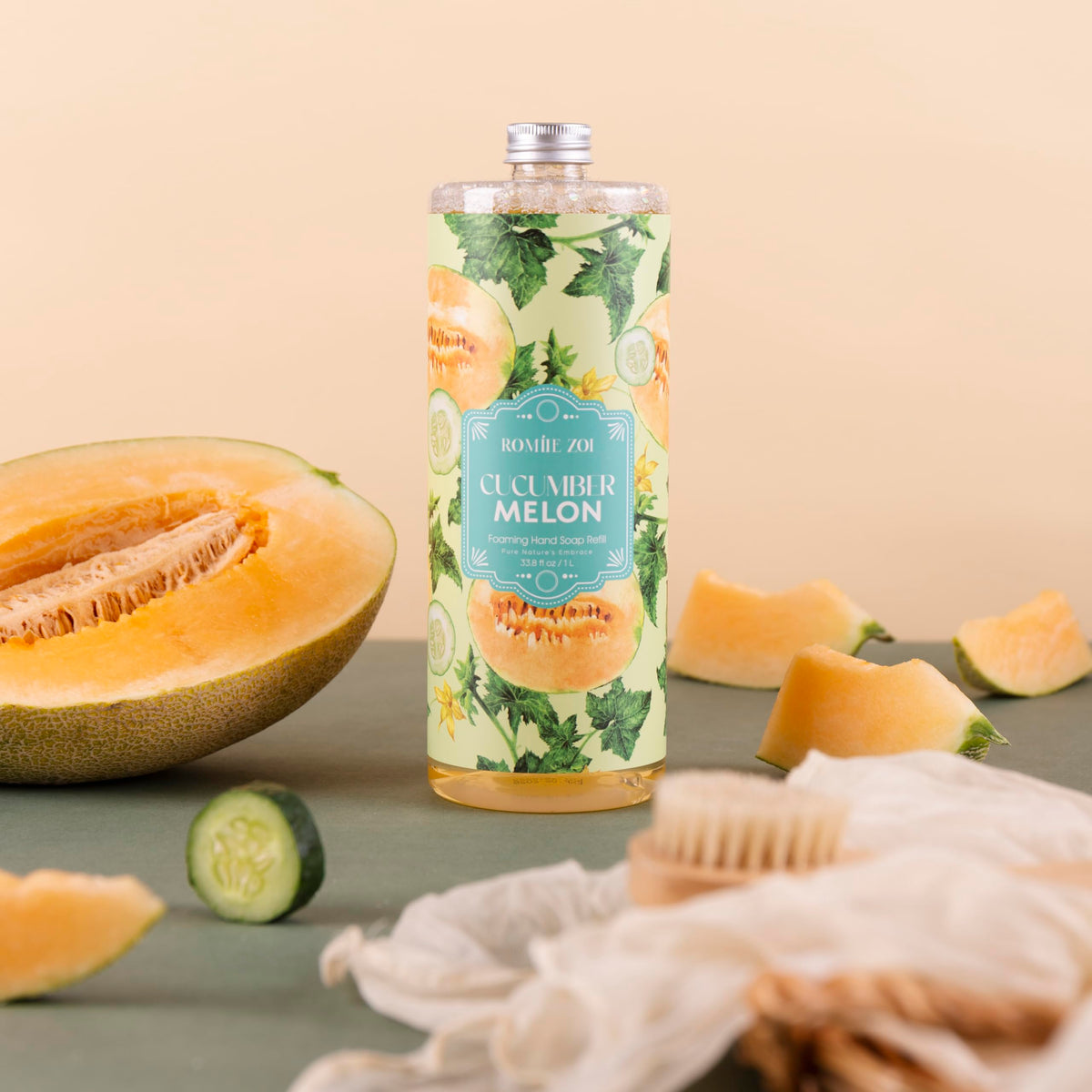 ROMIIE ZOI bottle beside cucumber and melon showing natural ingredients benefit
