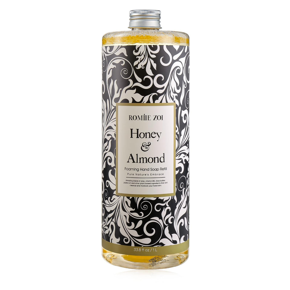 ROMIIE ZOI front packaging shows 1L refill and honey almond scent benefit