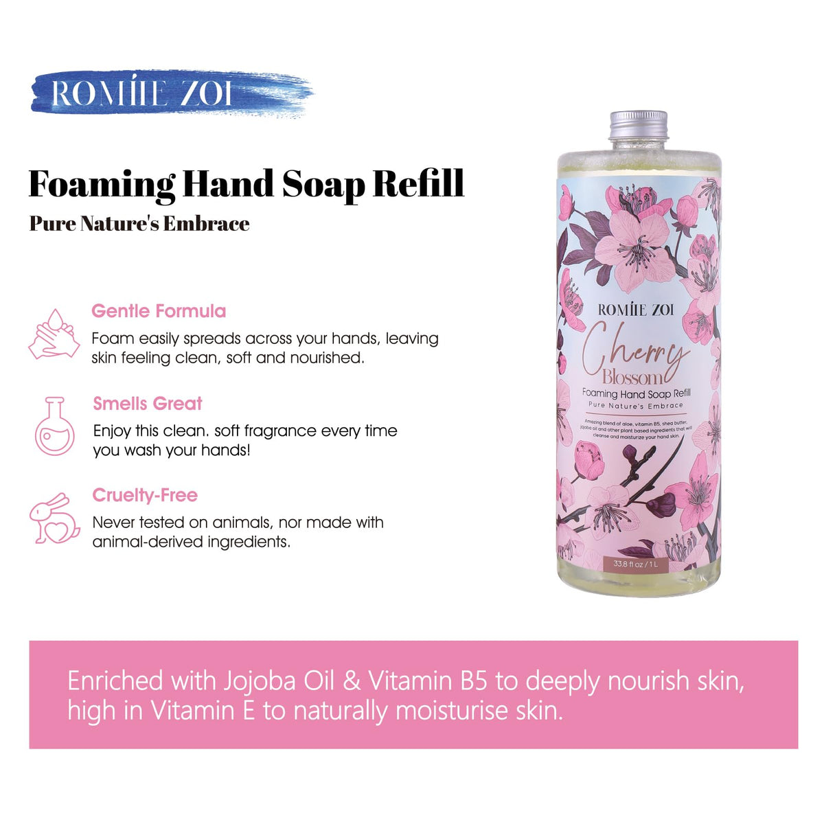 ROMIIE ZOI ingredient label highlighting jojoba oil and vitamin B5 benefits