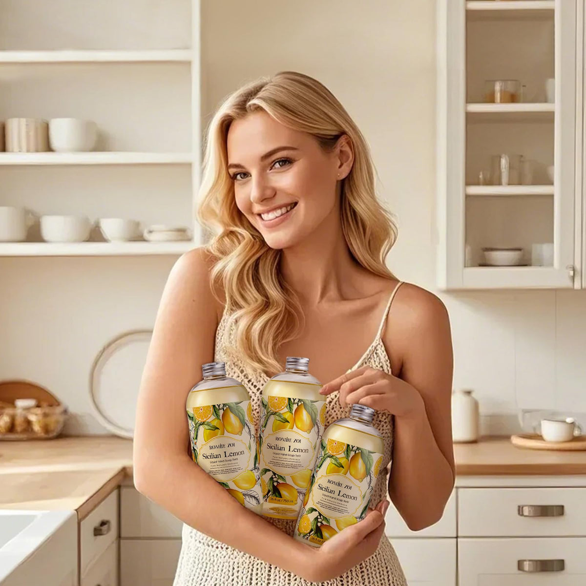 ROMIIE ZOI in kitchen dispenser on sink showing fresh lemon scent
