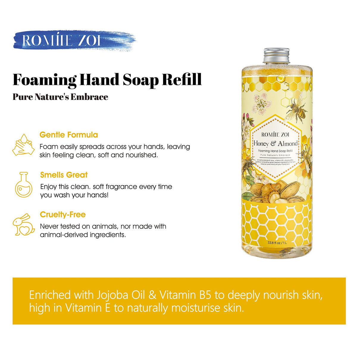 ROMIIE ZOI refill bottle being poured into dispenser for easy refill benefit