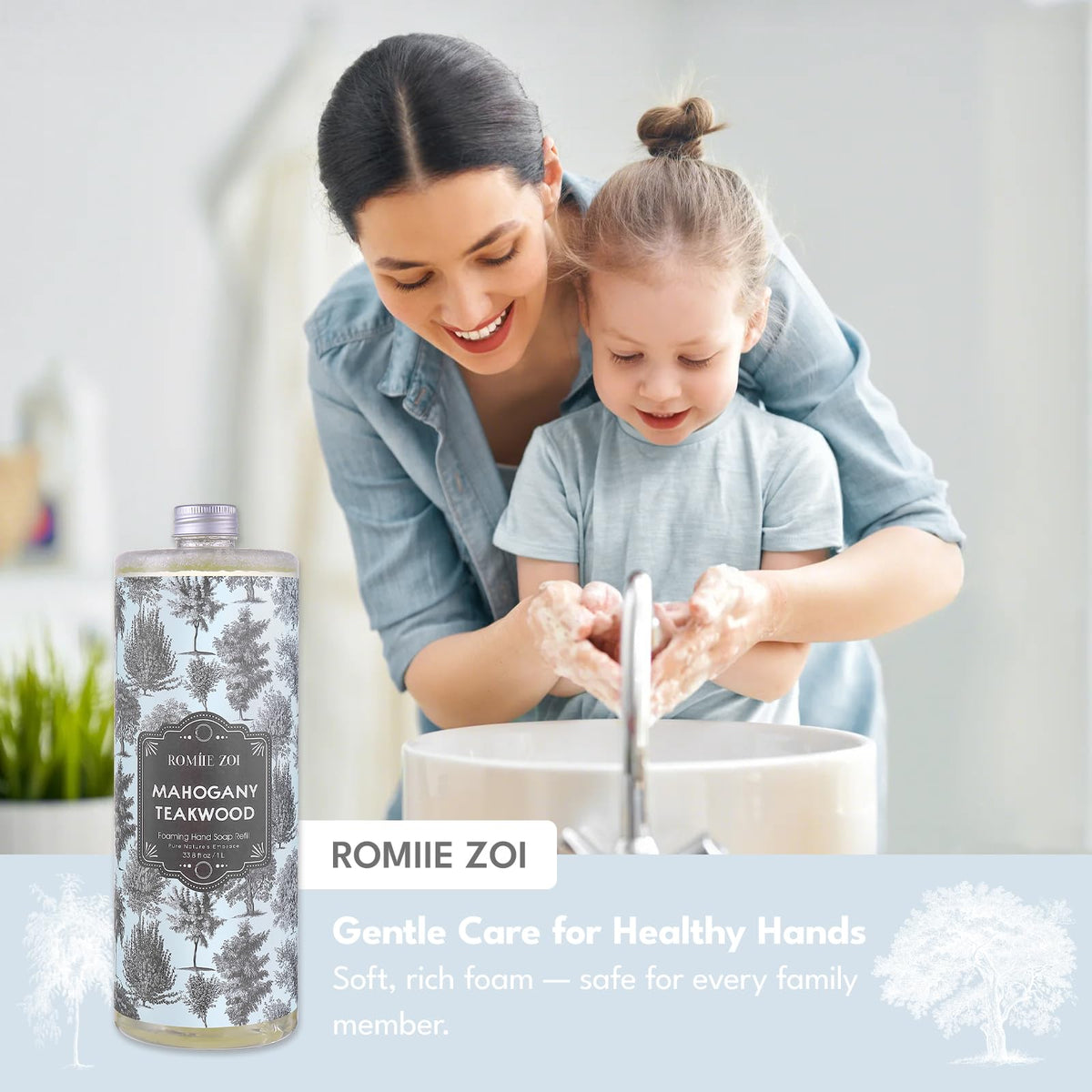 ROMIIE ZOI bottle next to a hand for scale demonstrating generous refill size benefit