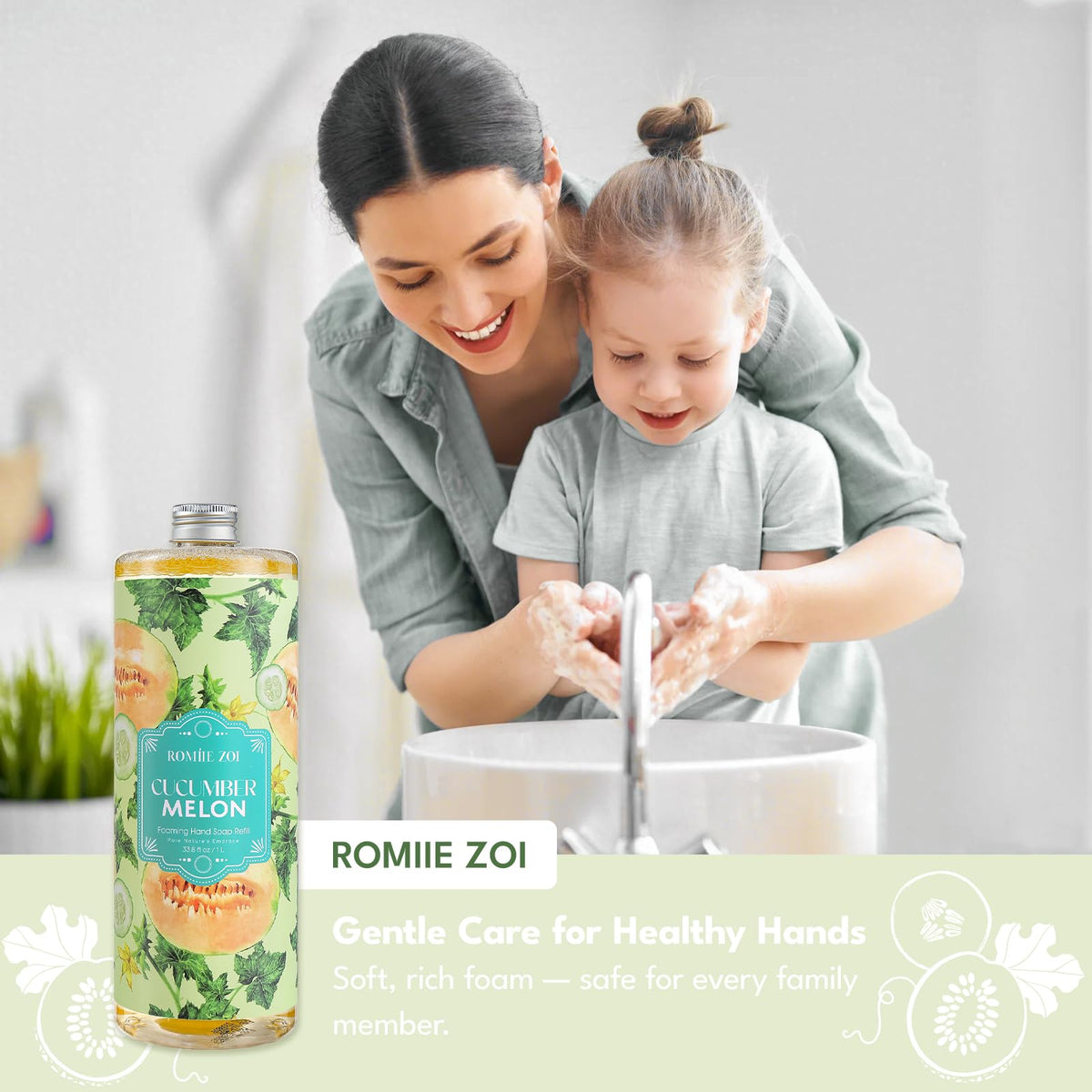 ROMIIE ZOI next to a dispenser showing large 1000ml refill value benefit