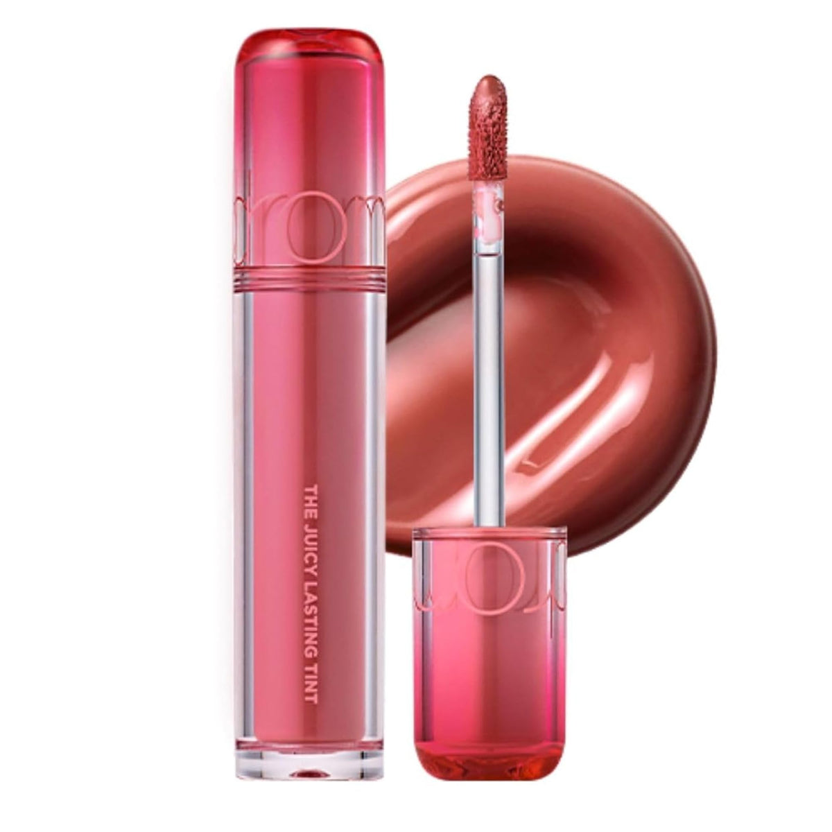 rom&nd front wand shot showing applicator and product benefit gloss
