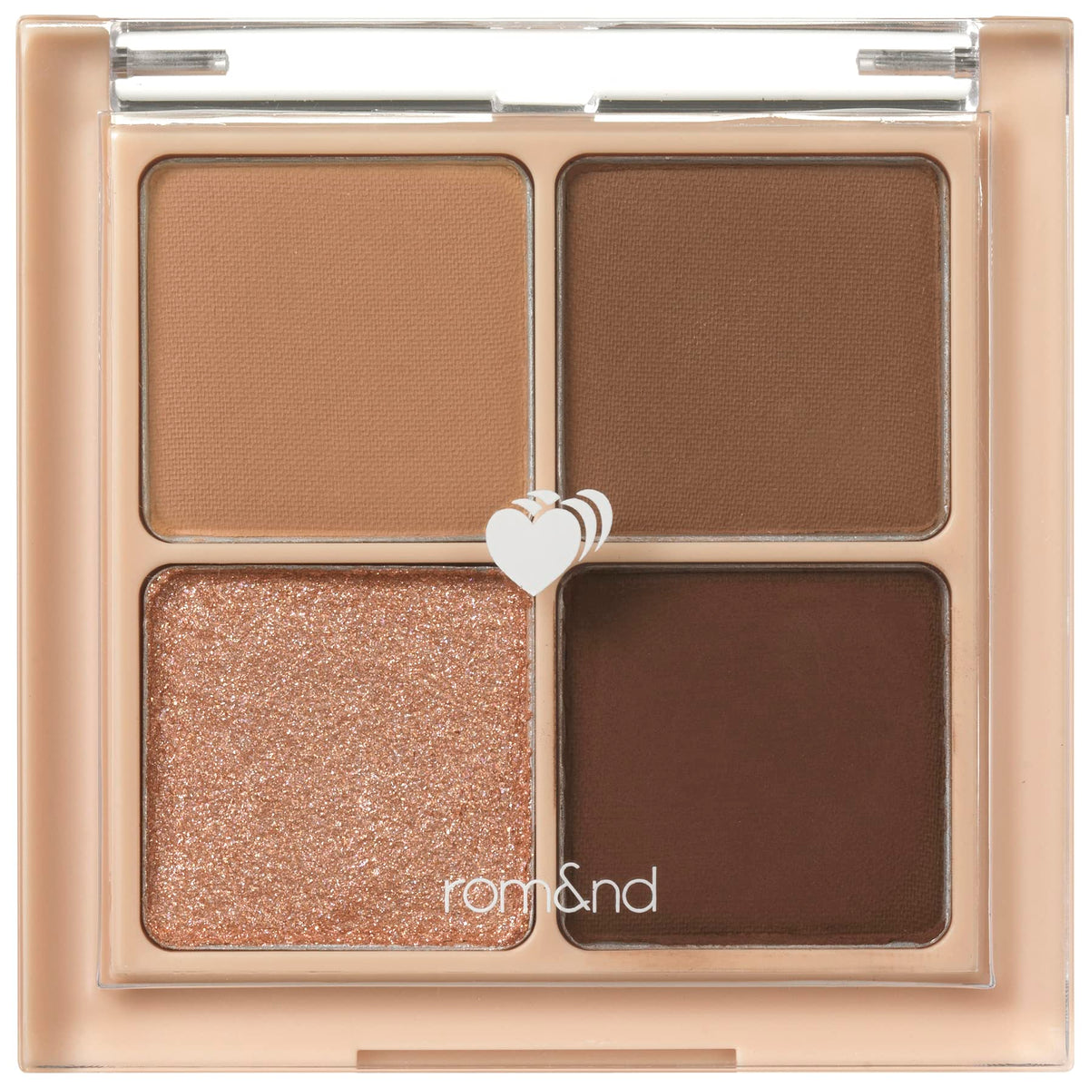rom&nd front view of 03 Dry Ragras mini palette showing four coordinated neutral shades and compact packaging for travel