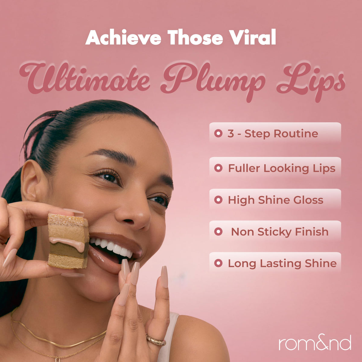 rom&nd Glasting Color Gloss applied to lips highlighting high-shine volume