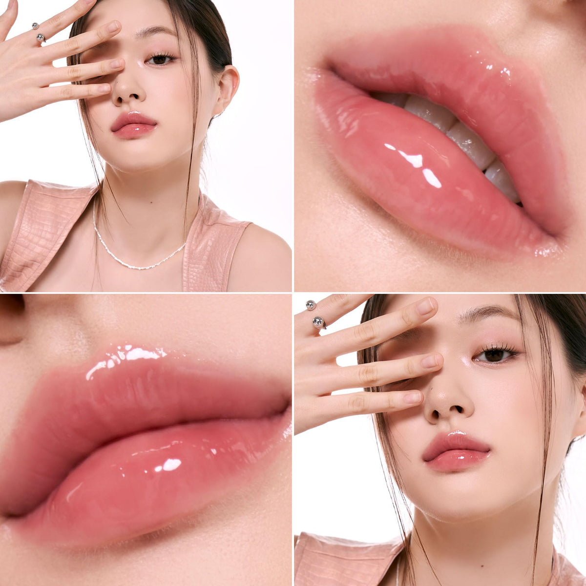 rom&nd gloss lip swatch on model showcasing high-shine, plumping visual effect