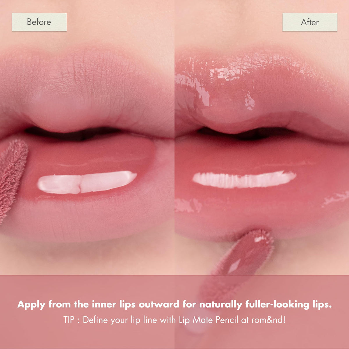 rom&nd gloss applied on lips model displaying plumping, reflective shine benefit