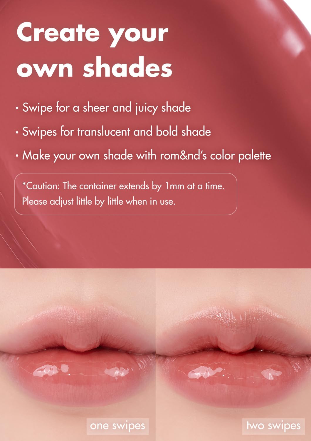 rom&nd on lips close-up displaying natural MLBB color and glassy finish