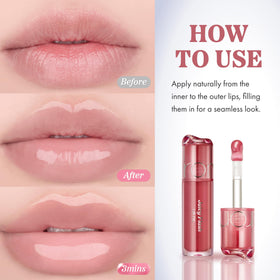 rom&nd layered over lipstick illustrating intensified color and high-shine benefit