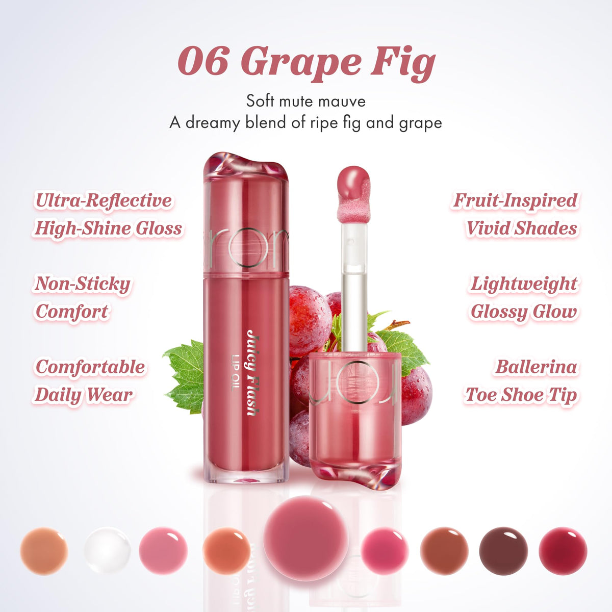 rom&nd lip oil texture swirl highlighting clear glossy finish and hydrating feel